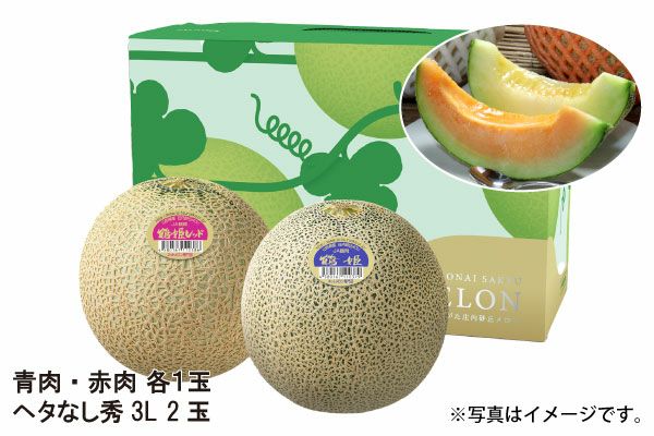 庄内砂丘メロンセット（青肉・赤肉各1玉） ／ヘタなし秀３Lサイズ（02-E）